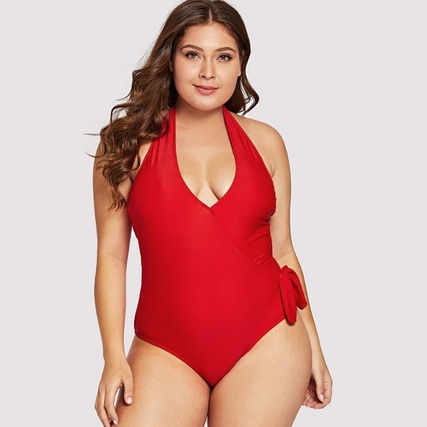 

Plus V Neck Tie Side One Piece Swimwear, Red