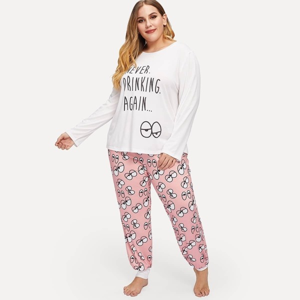 

Letter Print Tee & Cartoon Print Pants PJ Set