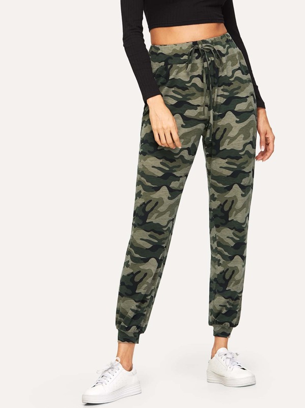 

Drawstring Waist Camo Print Pants, Army green, Andy