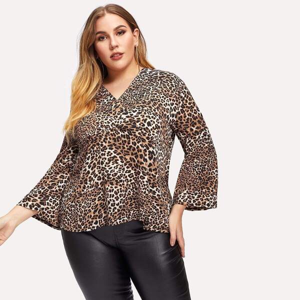 

Plus V-neck Wrap Front Leopard Top