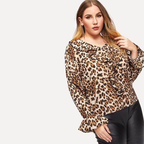 

Plus Ruffle Trim Bell Sleeve Leopard Top