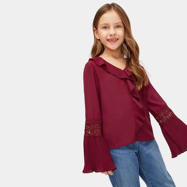 

Girls Pleated Bell Sleeve Lace Insert Ruffle Top
