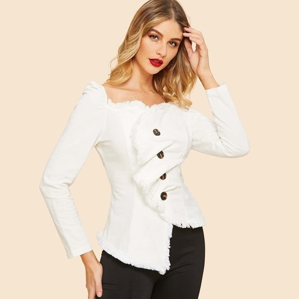 

70s Frayed Trim Button Front Asymmetric Top