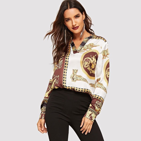 

Scarf Print Slit Hem Blouse