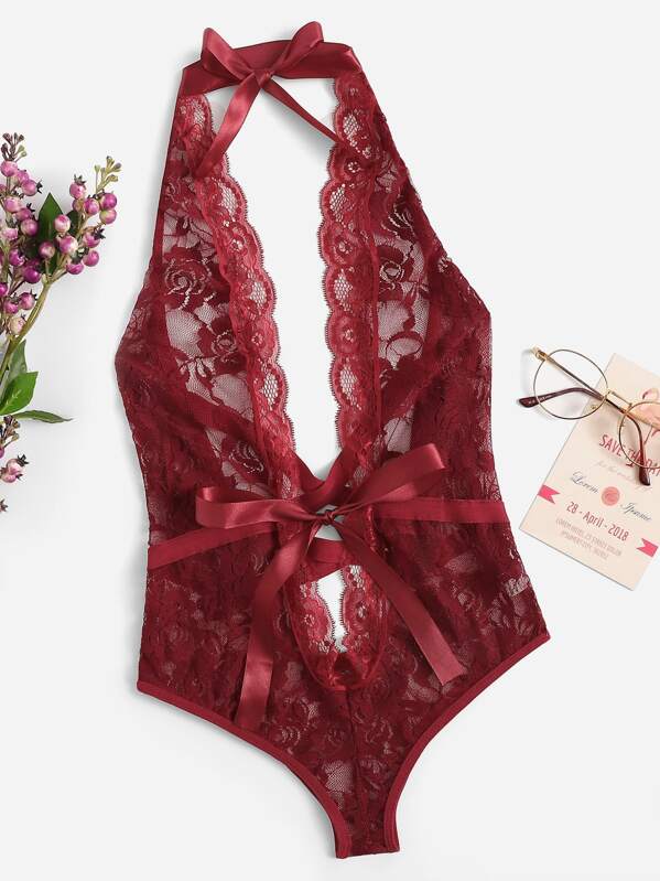 

Low Back Criss Cross Floral Lace Teddy Bodysuit, Burgundy