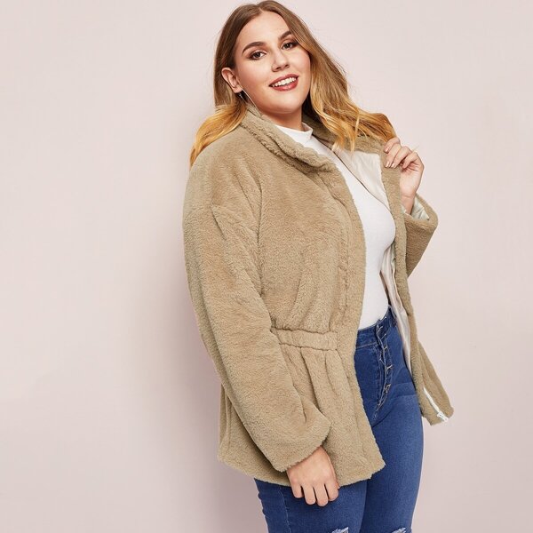 

Plus Elastic Waist Zip Up Teddy Coat