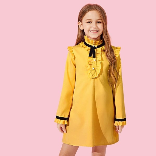 

Girls Button Detail Frill Trim Dress