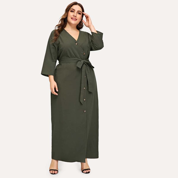 

Plus Asymmetric Placket Belted Dress, Army green
