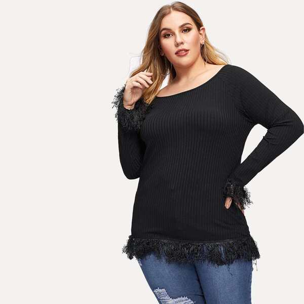 

Plus Ribbed Knit Fringe Trim Tee