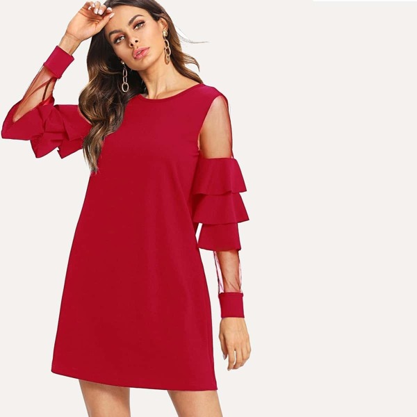 

Tiered Flounce Mesh Panel Sleeve Dress