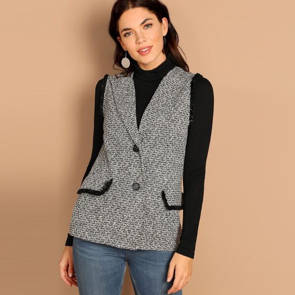 

Frayed Trim Tweed Vest Coat