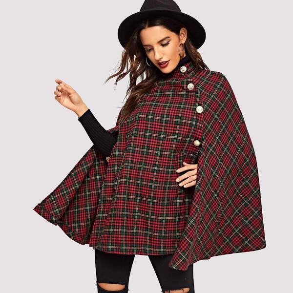 

Button Front Plaid Print Cape Coat