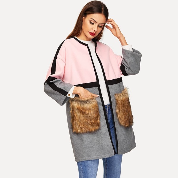 

Open Front Faux Fur Pocket Coat, Multicolor