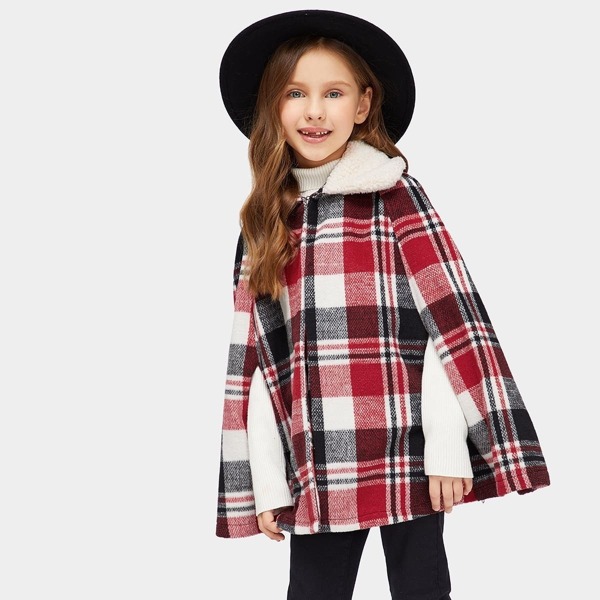 

Girls Faux Fur Collar Plaid Cape Coat