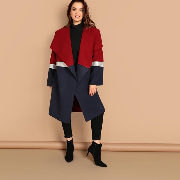 

Plus Waterfall Collar Metallic Panel Colorblock Coat
