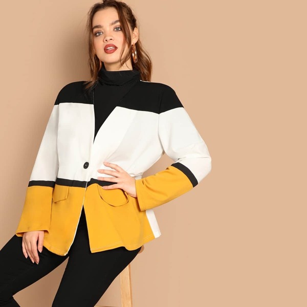 

Plus Single Button Colorblock Coat, Multicolor