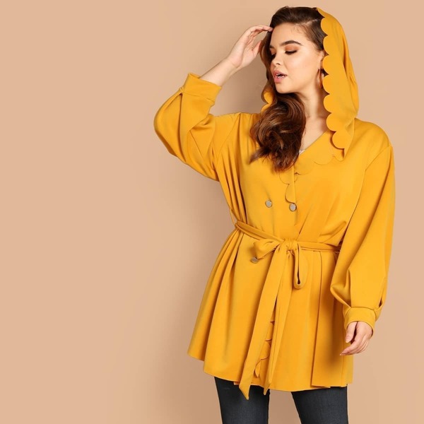 

Plus Scalloped Trim Double Breasted Hoodie Coat, Yellow