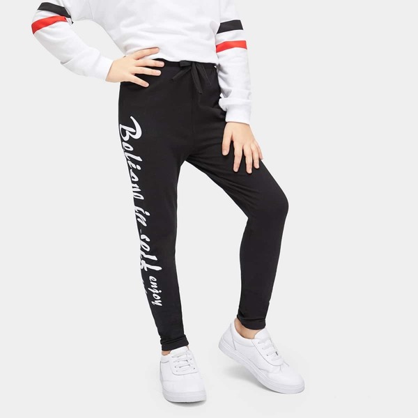 

Girls Letter Print Drawstring Waist Pants, Black
