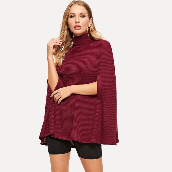 

Turtleneck Rib-knit Cape Top
