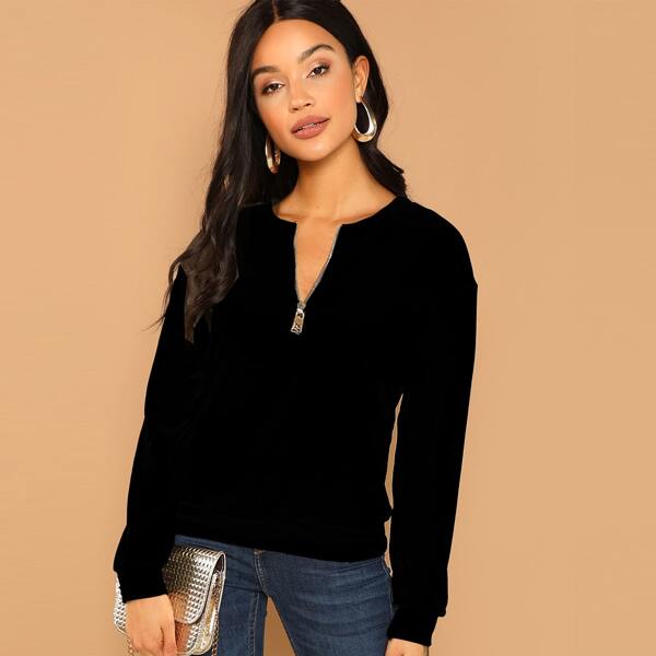

Zip Half Placket Solid Pullover