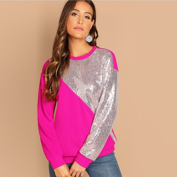 

Neon Pink Sequin Patched Cut-and-sew Pullover