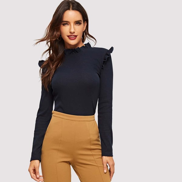

Frill Trim Keyhole Back Rib-knit Tee