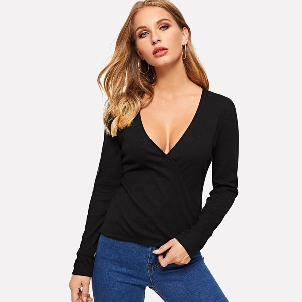 

Buttoned Cuff Ribbed Wrap Tee