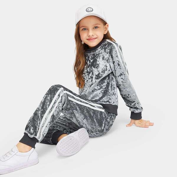 

Girls Striped Tape Side Velvet Pullover & Pants Set