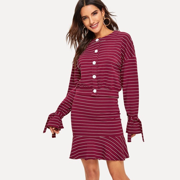 

Tie Sleeve Button Up Top and Ruffle Hem Skirt 70s Set, Burgundy