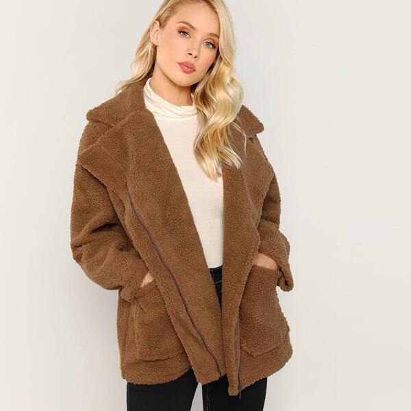 

Pocket Front Notched Collar Zip Up Teddy Jacket
