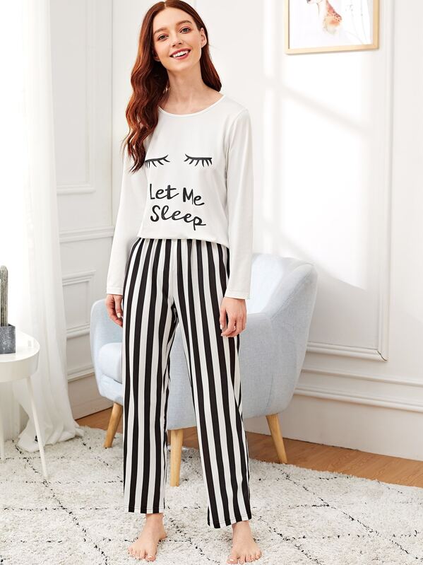 

Letter Print Top & Striped Pants PJ Set, Black and white, Poly