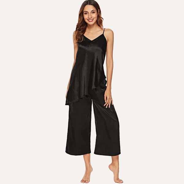 

Asymmetrical Hem Satin Cami Pajama Set