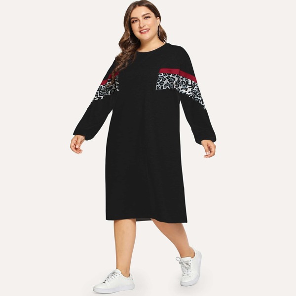 

Plus Contrast Leopard Print Sweatshirt Dress