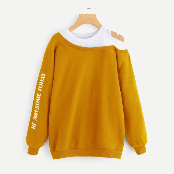 

Plus Slogan Graphic Open-shoulder Sweatshirt