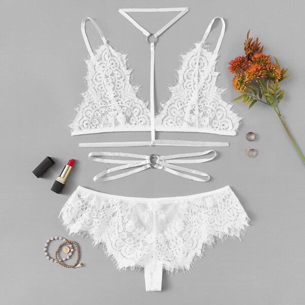 

Eyelash Lace Harness Lingerie Set With Choker