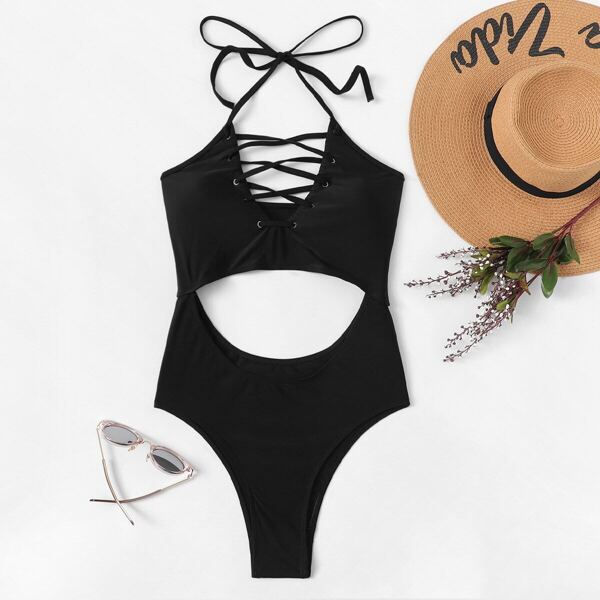 

Cut-out Lace-up Halter One Piece Swimsuit