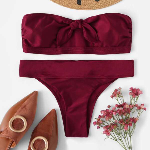 

Solid Knot Front Bandeau Bikini Set, Burgundy