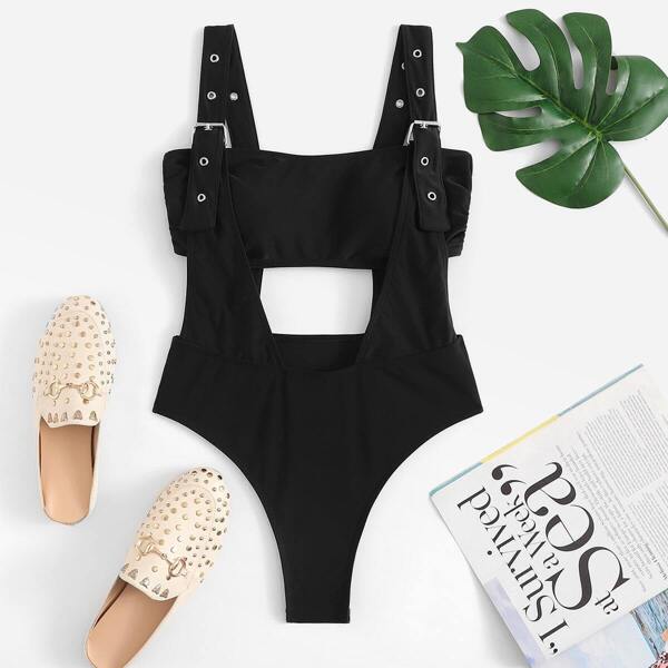 

Buckle Cut Out One Piece Swimwear, Black