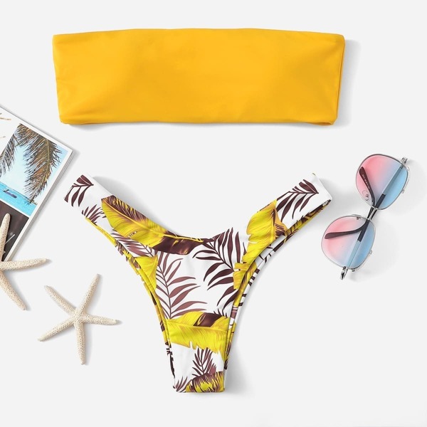 

Basic Bandeau With High Cut Leaf Print Bikini Set