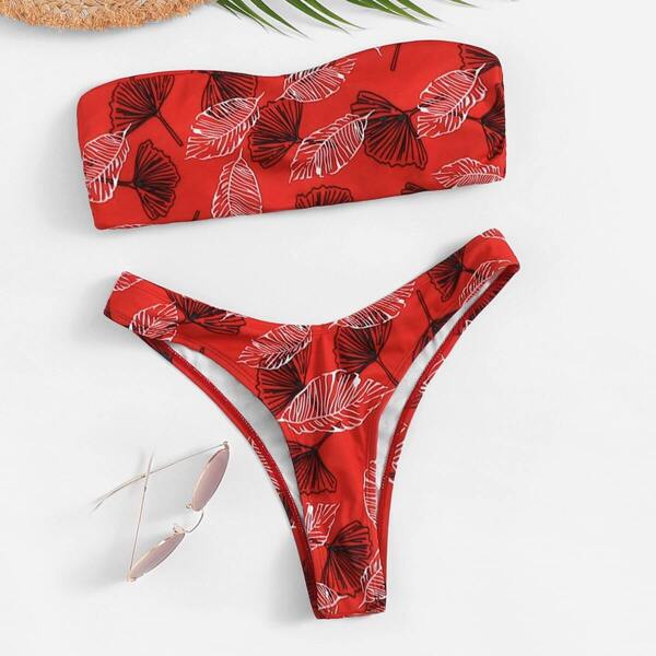 

Random Leaf Print Bandeau With High Leg Bikini