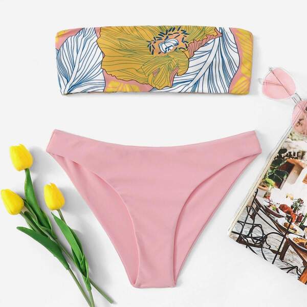 

Floral Print Bandeau With High Leg Bikini Set, Multicolor