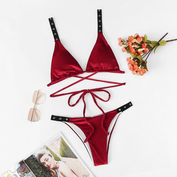 

Eyelet Strappy Velvet Triangle Bikini Set, Red