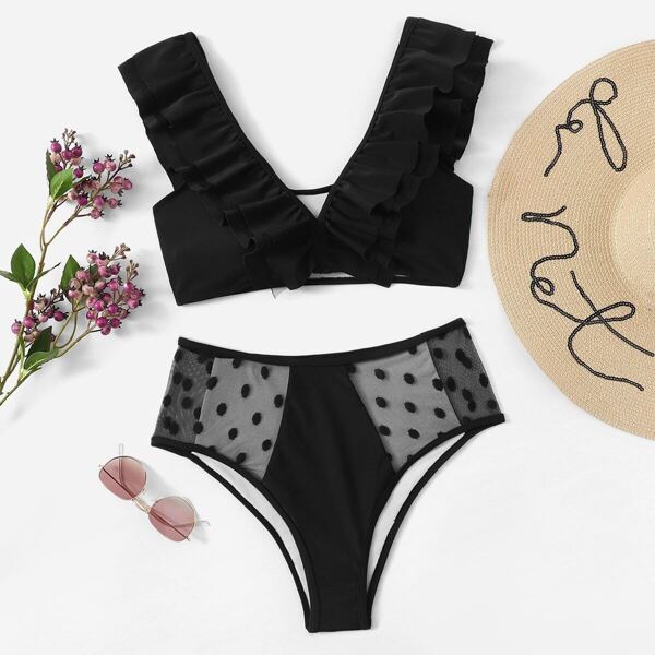 

Ruffle Top With Polka Dot Contrast Mesh Bikini