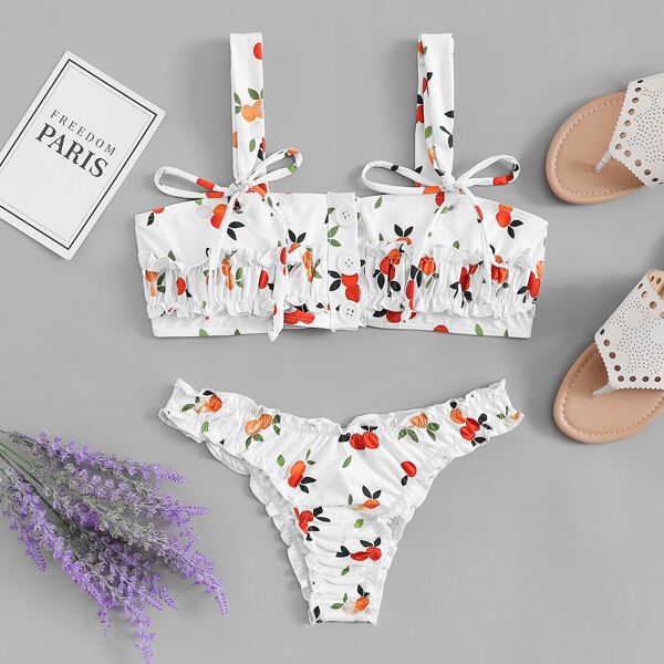 

Fruit Print Smocked Top With Lettuce Trim Bikini