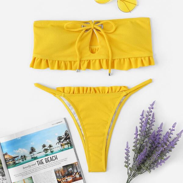 

Frill Trim Ribbed Bandeau With High Cut Bikini, Yellow