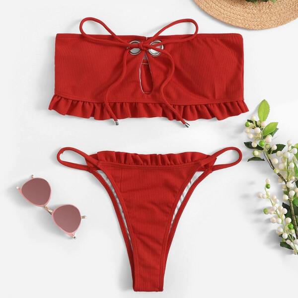 

Self Tie Bandeau With Frill Trim Bikini Set