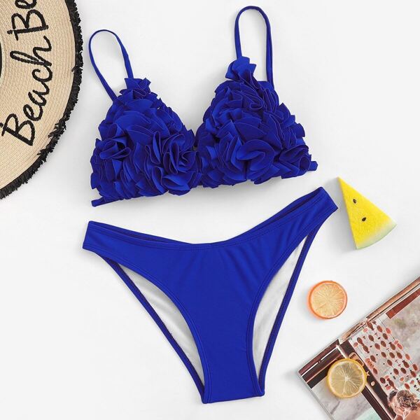 

Appliques Top With High Cut Bikini Set, Blue