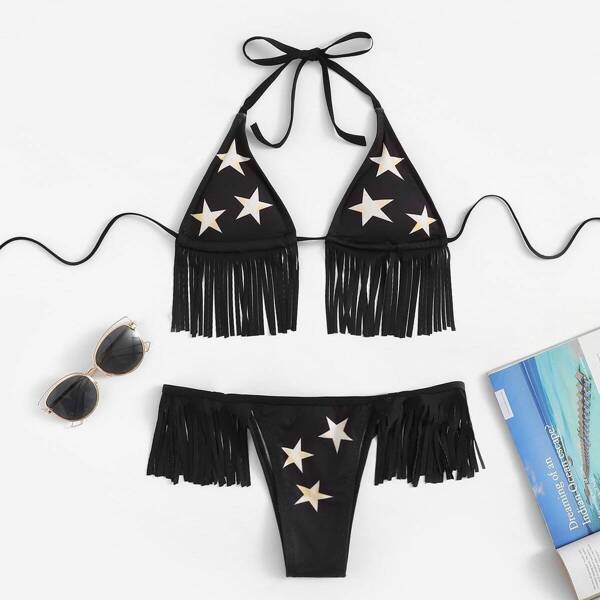 

Star Print Fringe Hem Bikini Set