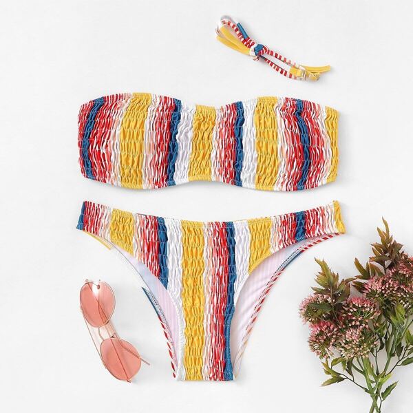 

Striped Bandeau With Smocked Bikini Set