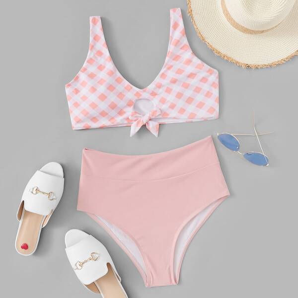 

Plaid Knot Front Top With High Waist Bikini Set